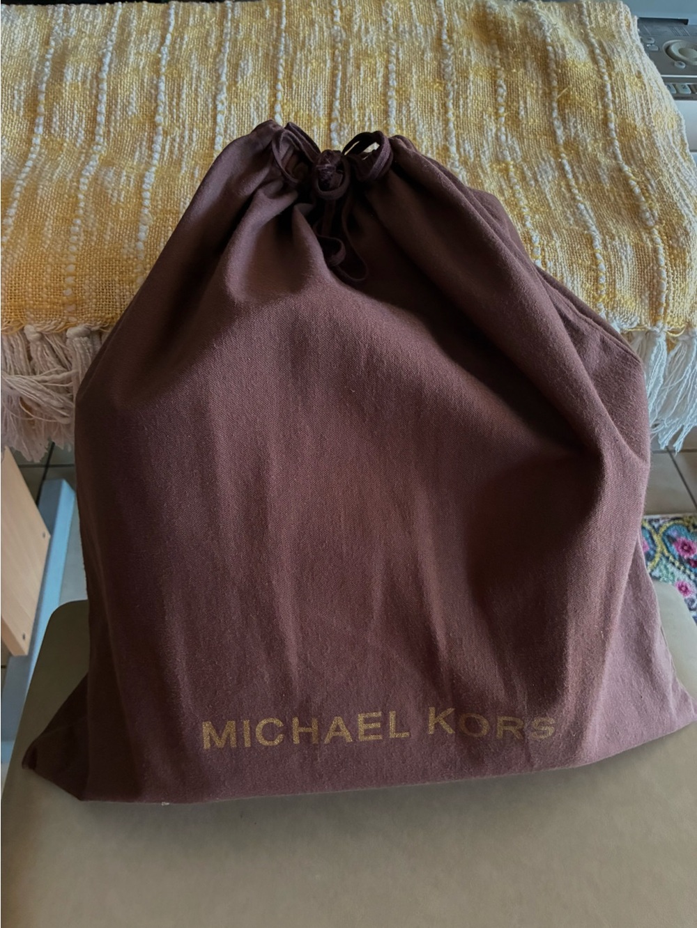 Large Michael Kors Chocolate Brown Drawstring Dust Bag with Gold Logo
